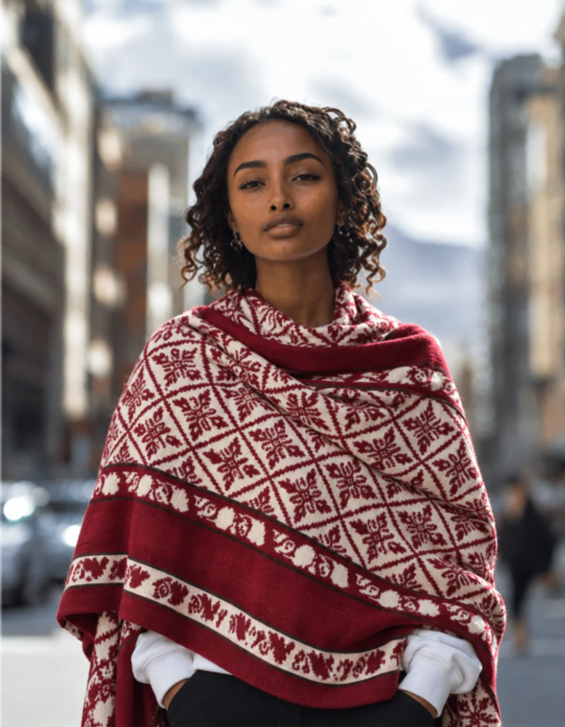 Woman wearing a burgundy patterned shawl